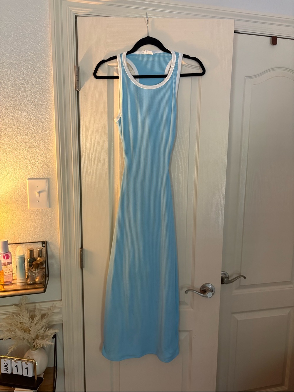 Le Lis Sky Blue Ribbed Maxi Dress with White Trim